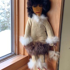 Inuit Eskimo Handmade Art Female fur Doll, 14” with beading, curly hair & purse